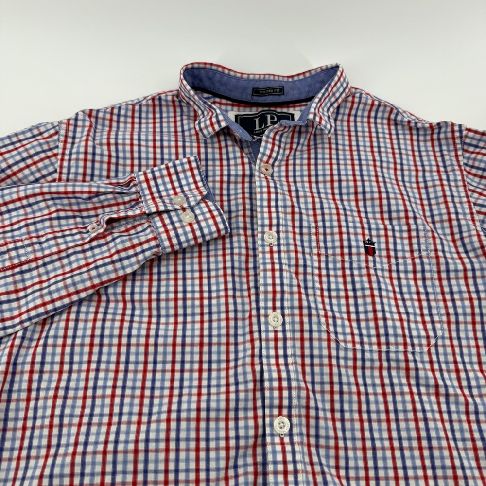Louis Philippe Mens Tailored Fit Tattersall Check Button Down Shirt Red Blue 39